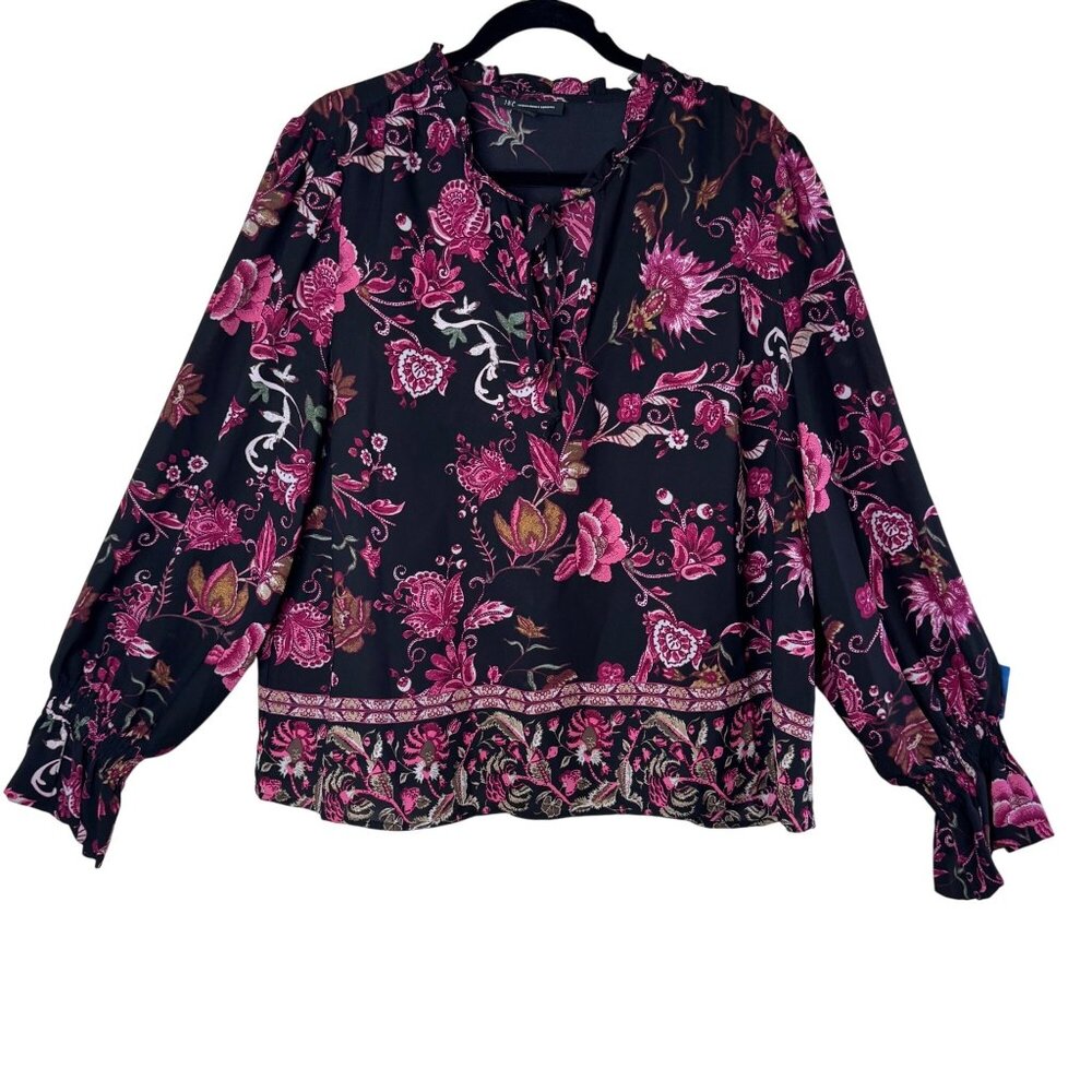 INC Womens Floral Print Tie Neck Blouse Top Pink Ruffle Edging Size XL